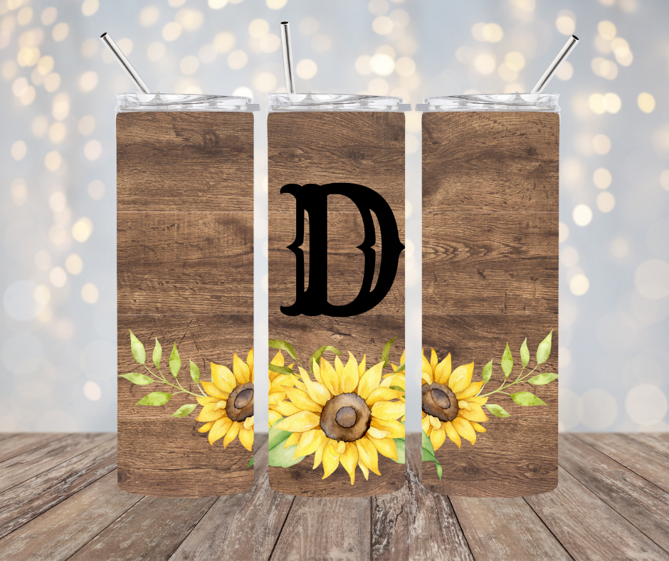 Wood with Sunflowers and Letter Tumbler 15 oz and 20 oz