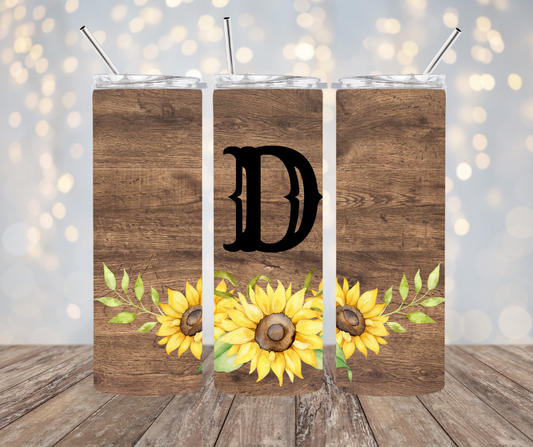 Wood with Sunflowers and Letter Tumbler 15 oz and 20 oz