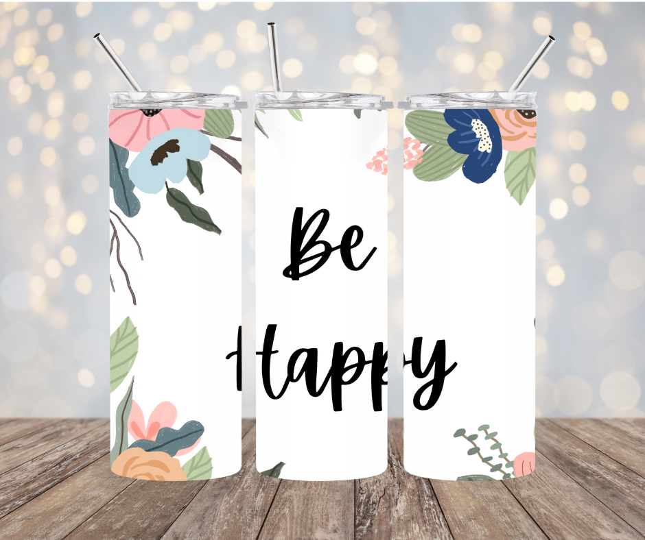 Be Happy Floral Tumbler